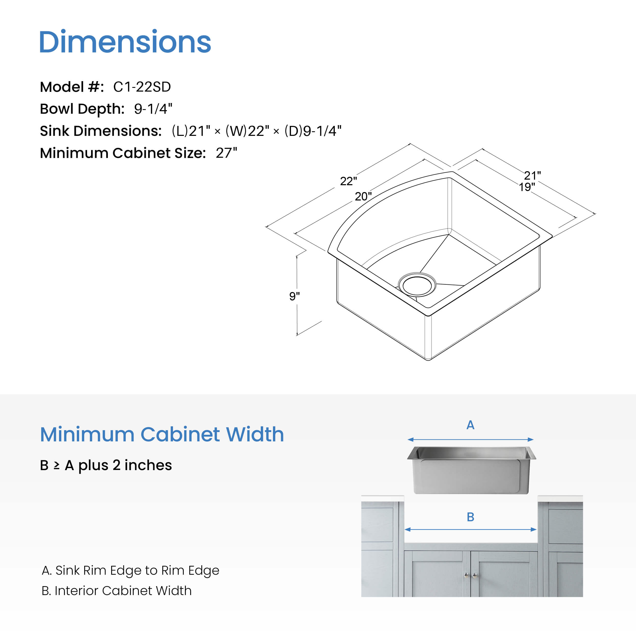 22" Handcrafted Undermount Single Bowl 16 gauge Stainless Steel D Shape Kitchen Sink - C1-22SD