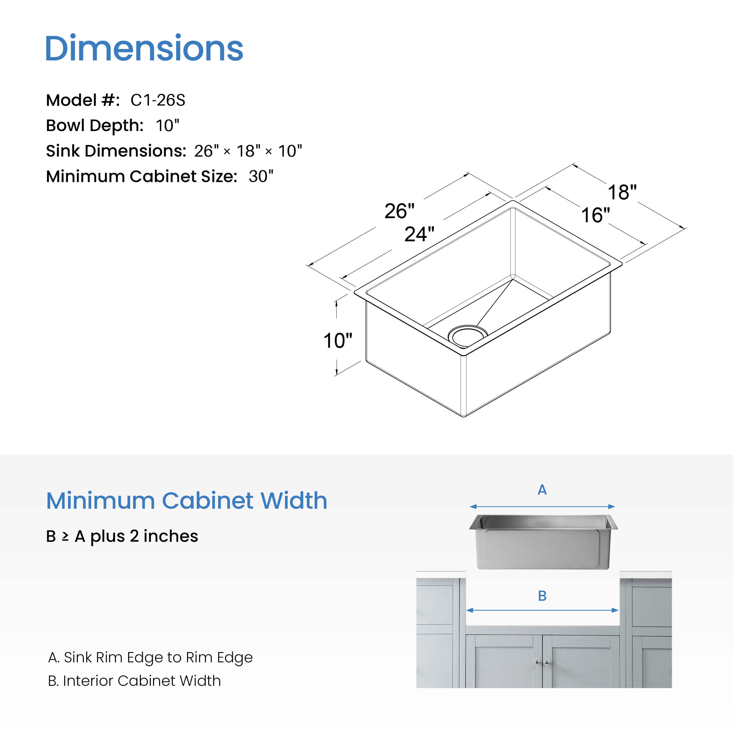 26" Handcrafted Undermount Single Bowl 16 gauge Stainless Steel Kitchen Sink - C1-26S