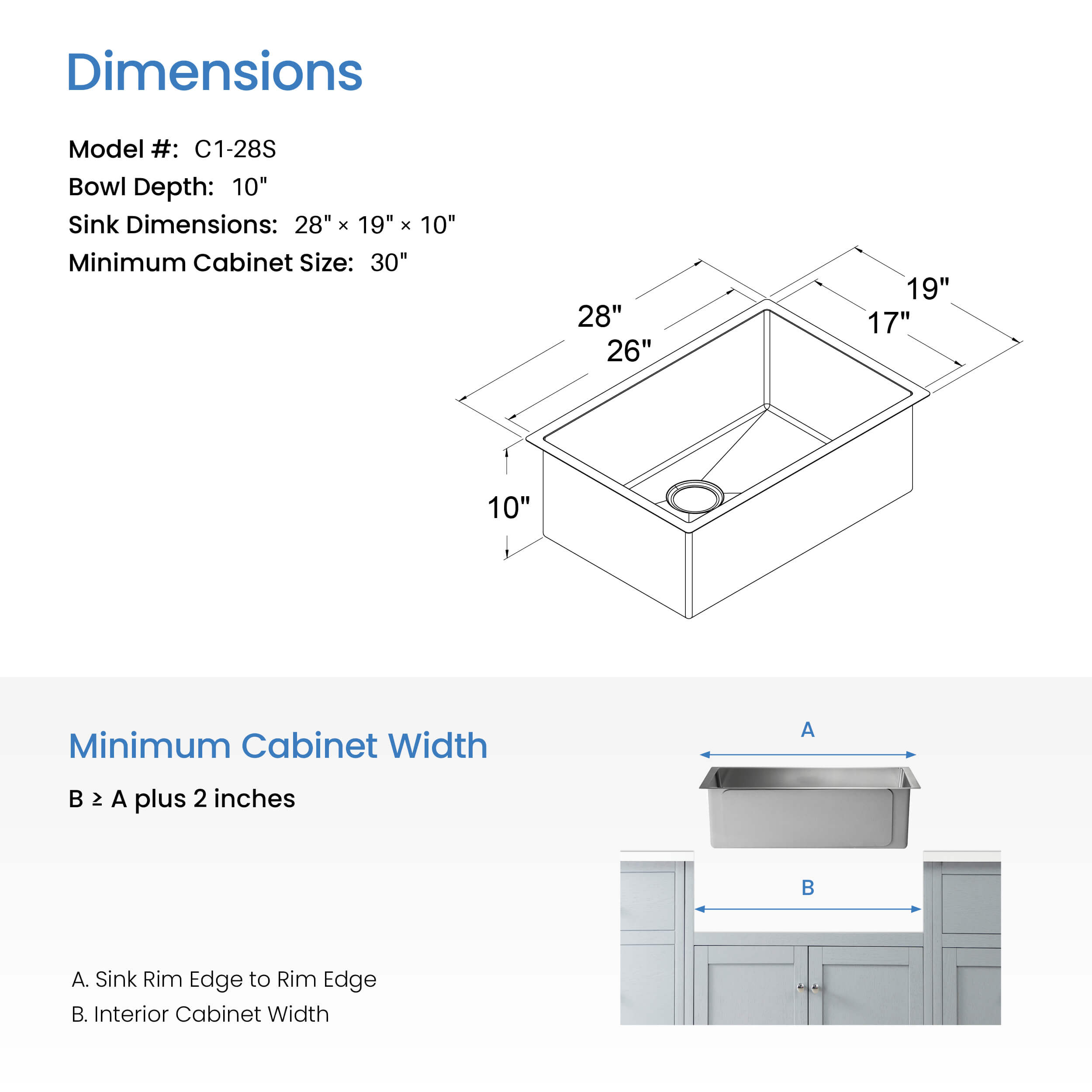 28" Handcrafted Undermount Single Bowl 16 gauge Stainless Steel Kitchen Sink - C1-28S