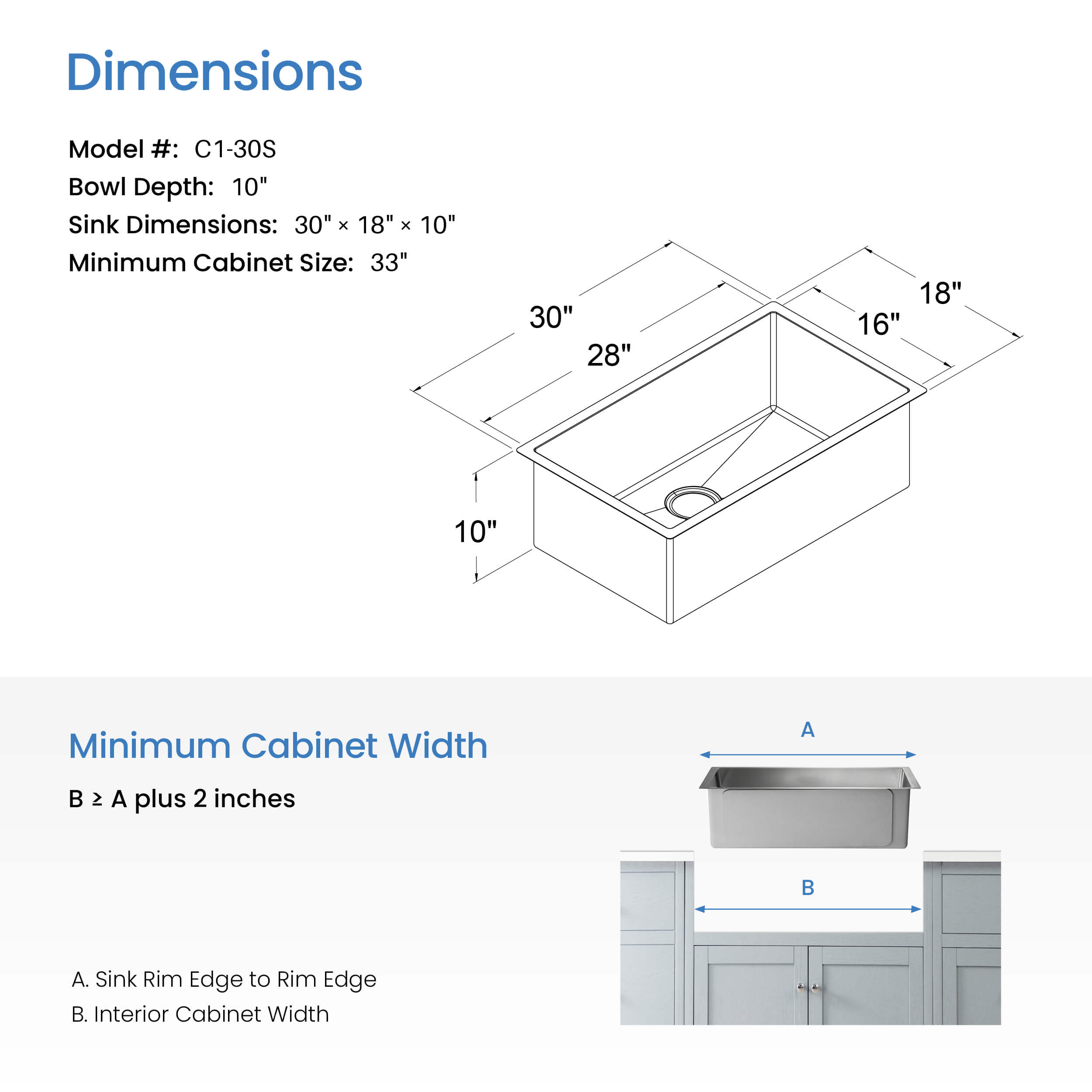 30" Handcrafted Undermount Single Bowl 16 gauge Stainless Steel Kitchen Sink - C1-30S