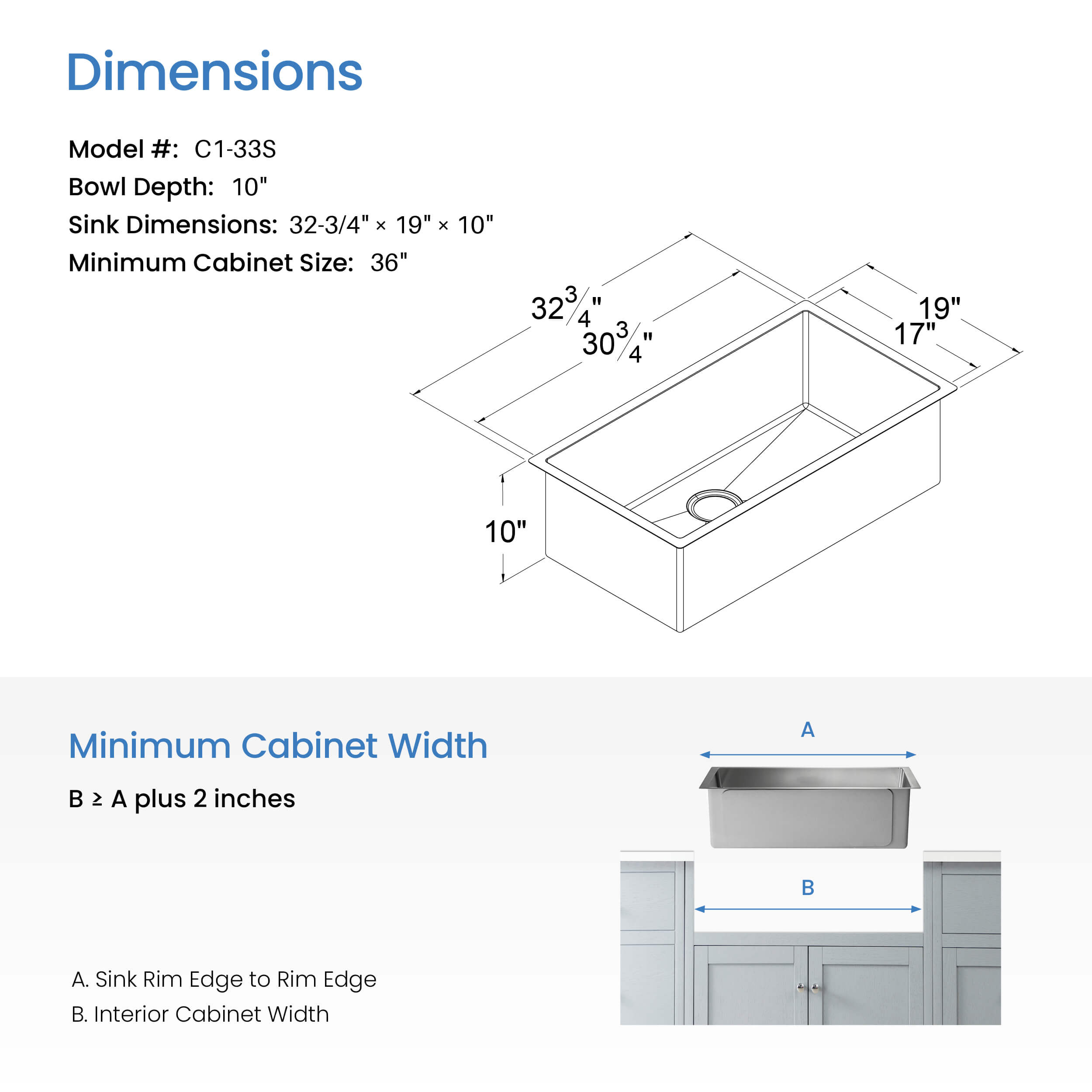 32 3/4" Handcrafted Undermount Single Bowl 16 gauge Stainless Steel Kitchen Sink - C1-33S