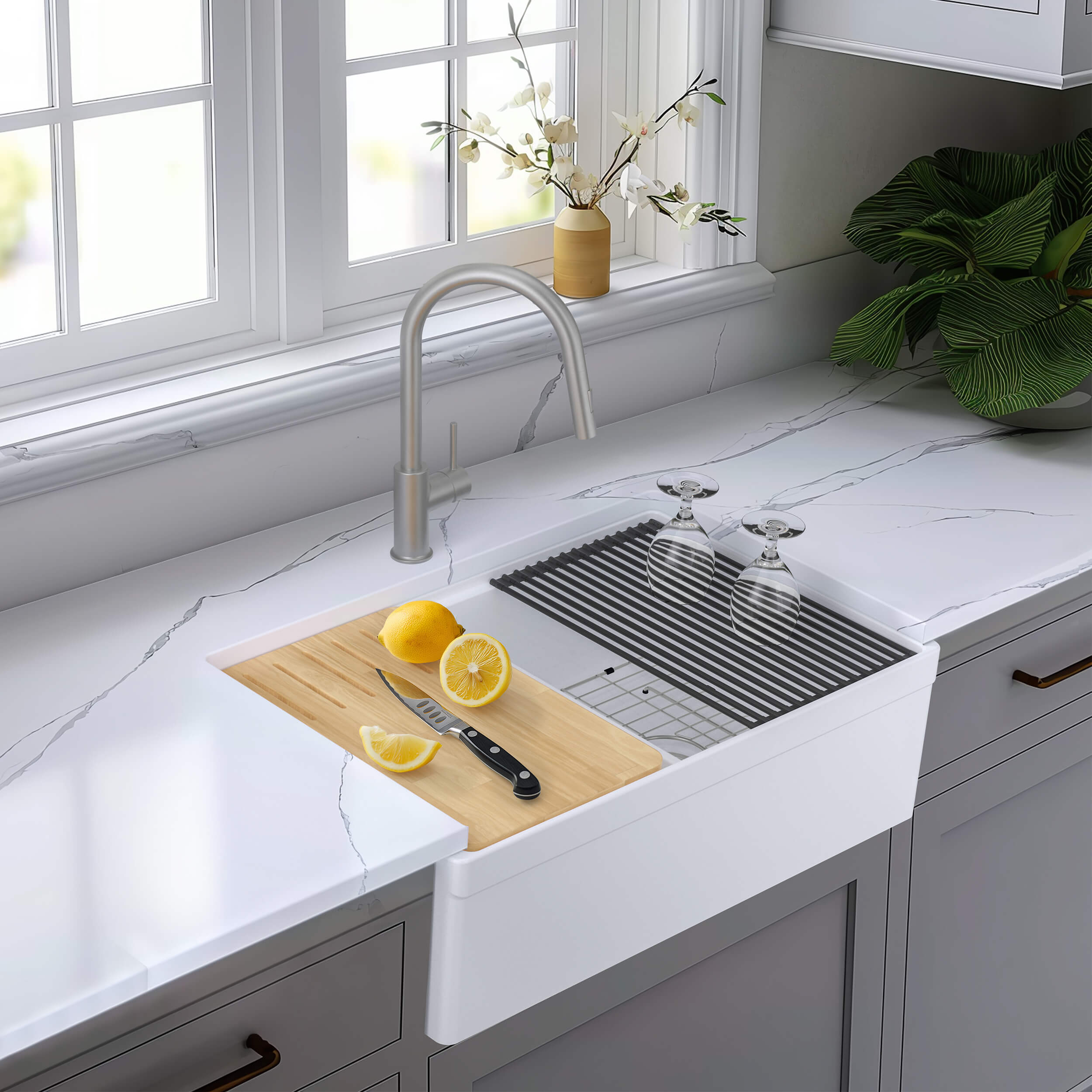 33" Fireclay Double Bowl  Farmhouse Kitchen Workstation Sink - C2-33DFT