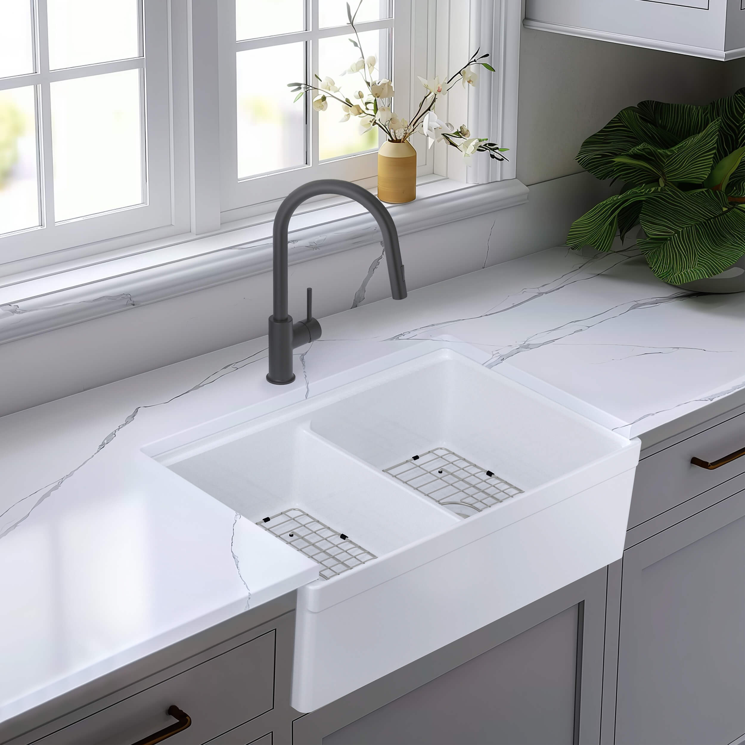 33" Fireclay Double Bowl  Farmhouse Kitchen Workstation Sink - C2-33DFT