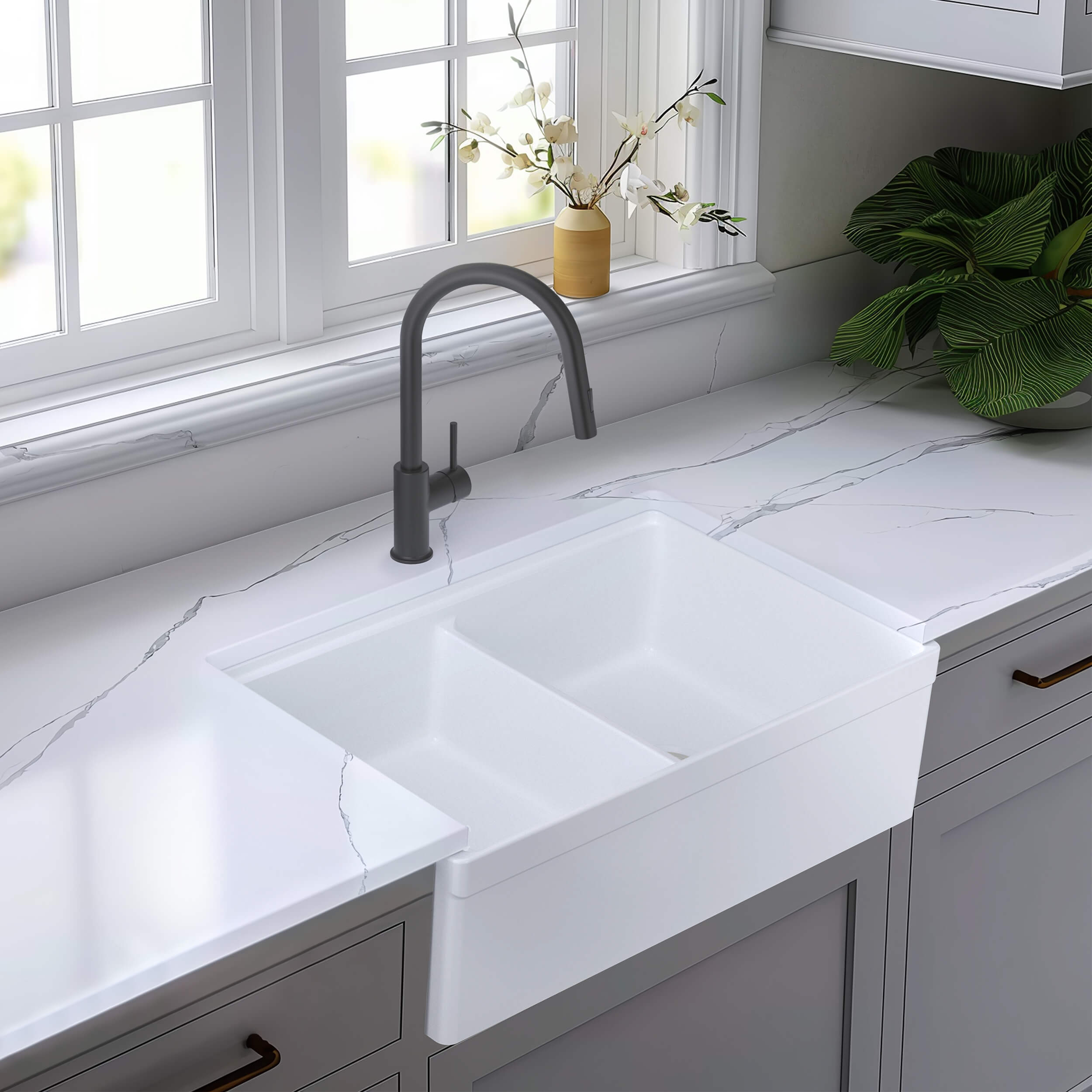 33" Fireclay Double Bowl  Farmhouse Kitchen Workstation Sink - C2-33DFT