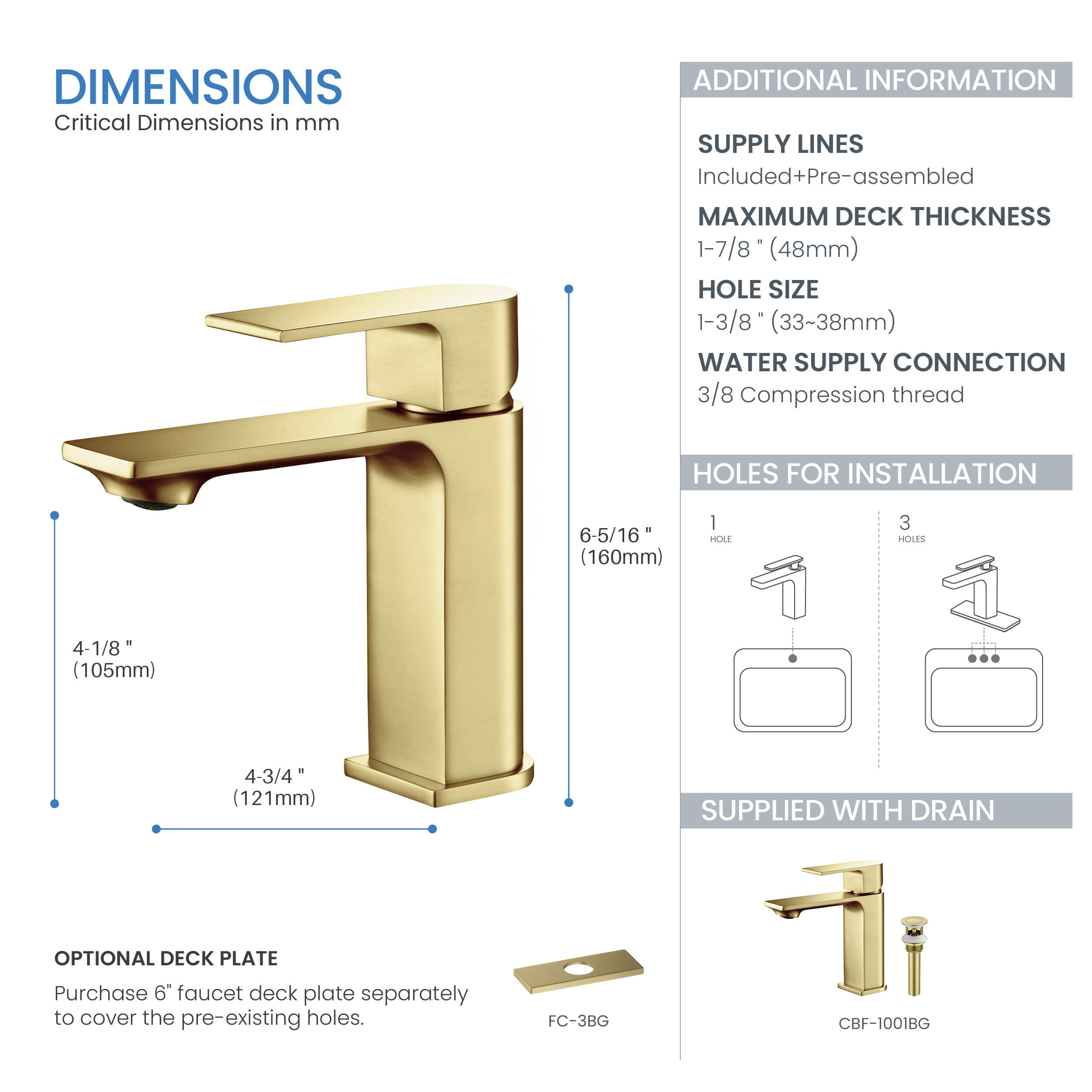 Aurora Single Handle Bathroom Vanity Sink Faucet with Pop Up Drain CBF-1001