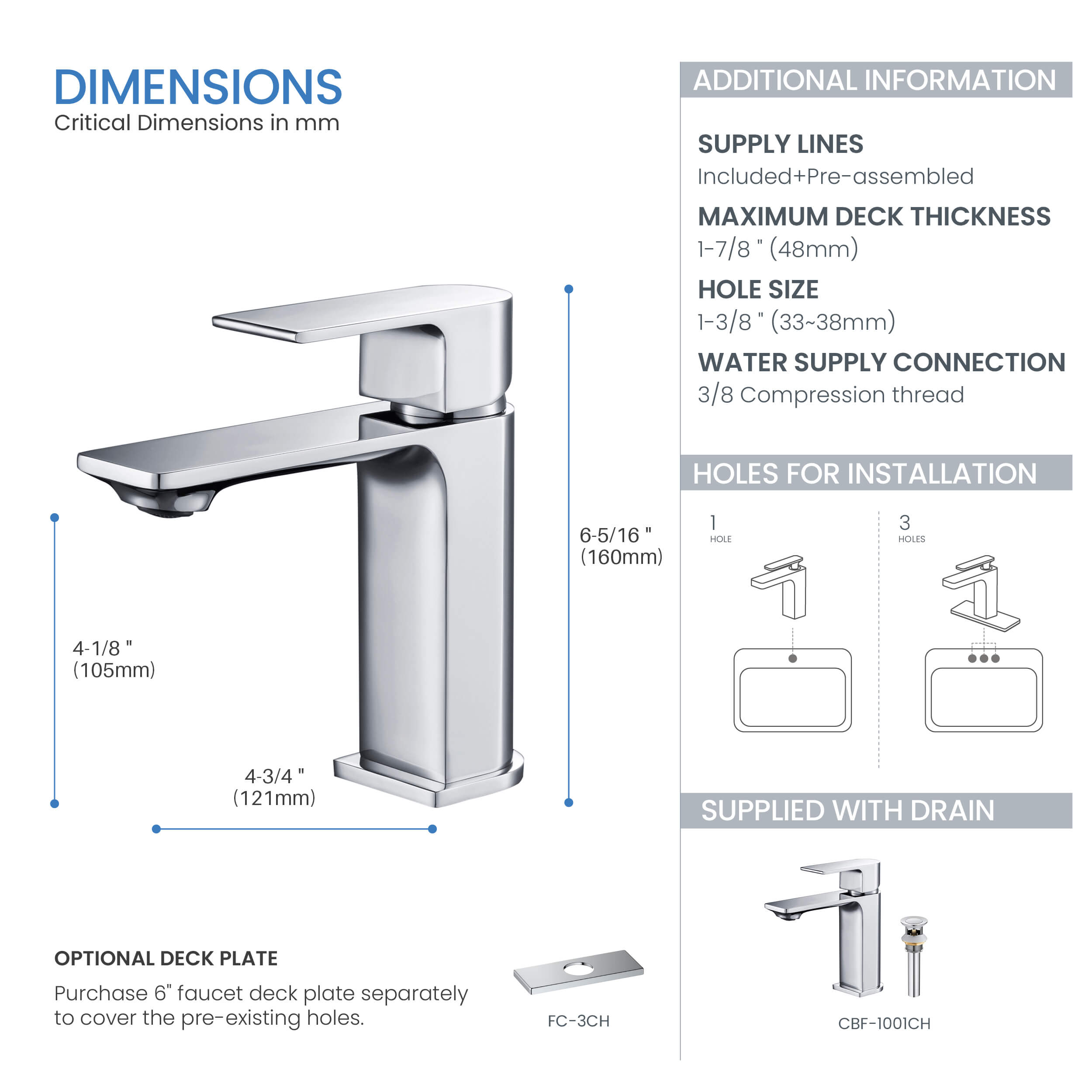 Aurora Single Handle Bathroom Vanity Sink Faucet with Pop Up Drain CBF-1001