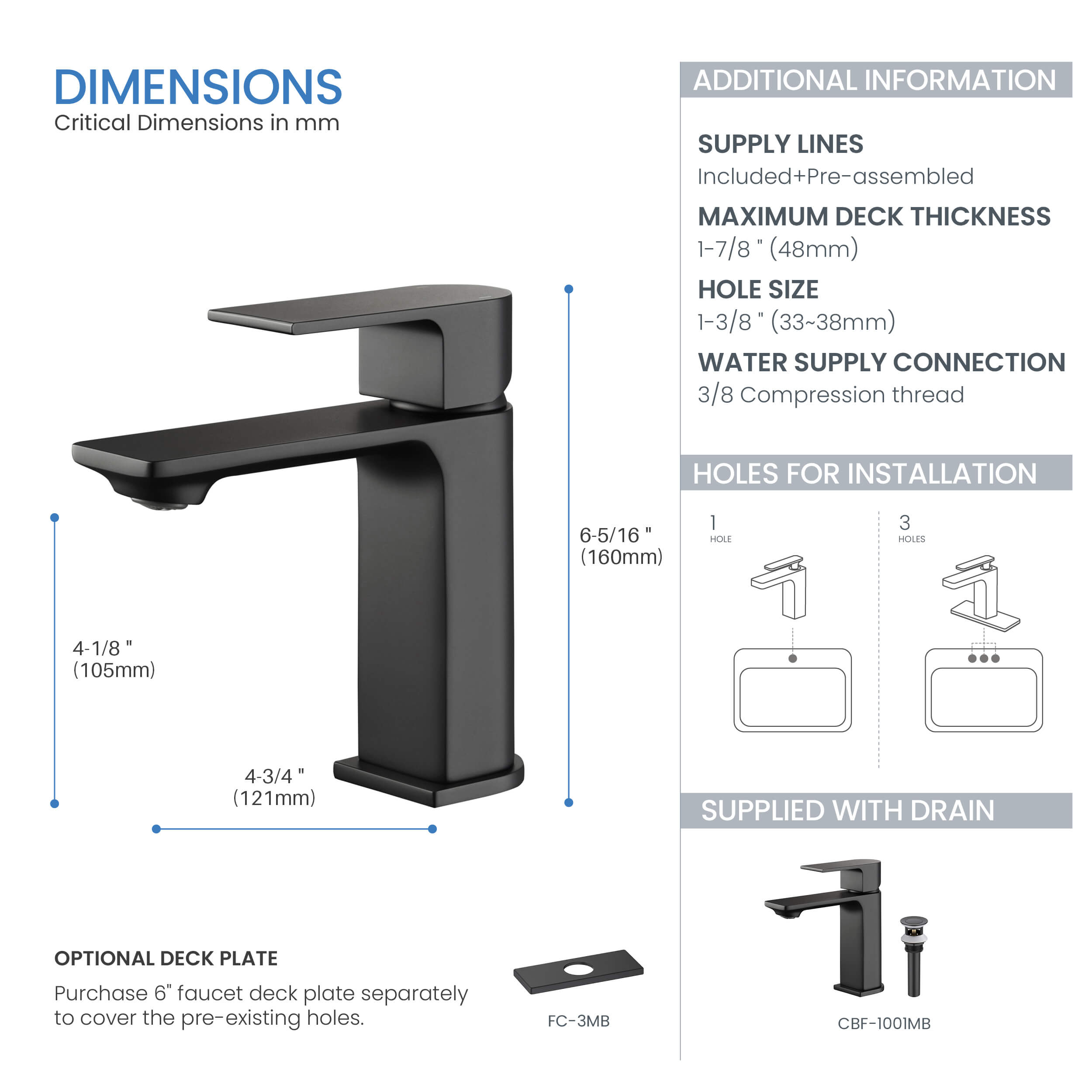 Aurora Single Handle Bathroom Vanity Sink Faucet with Pop Up Drain CBF-1001