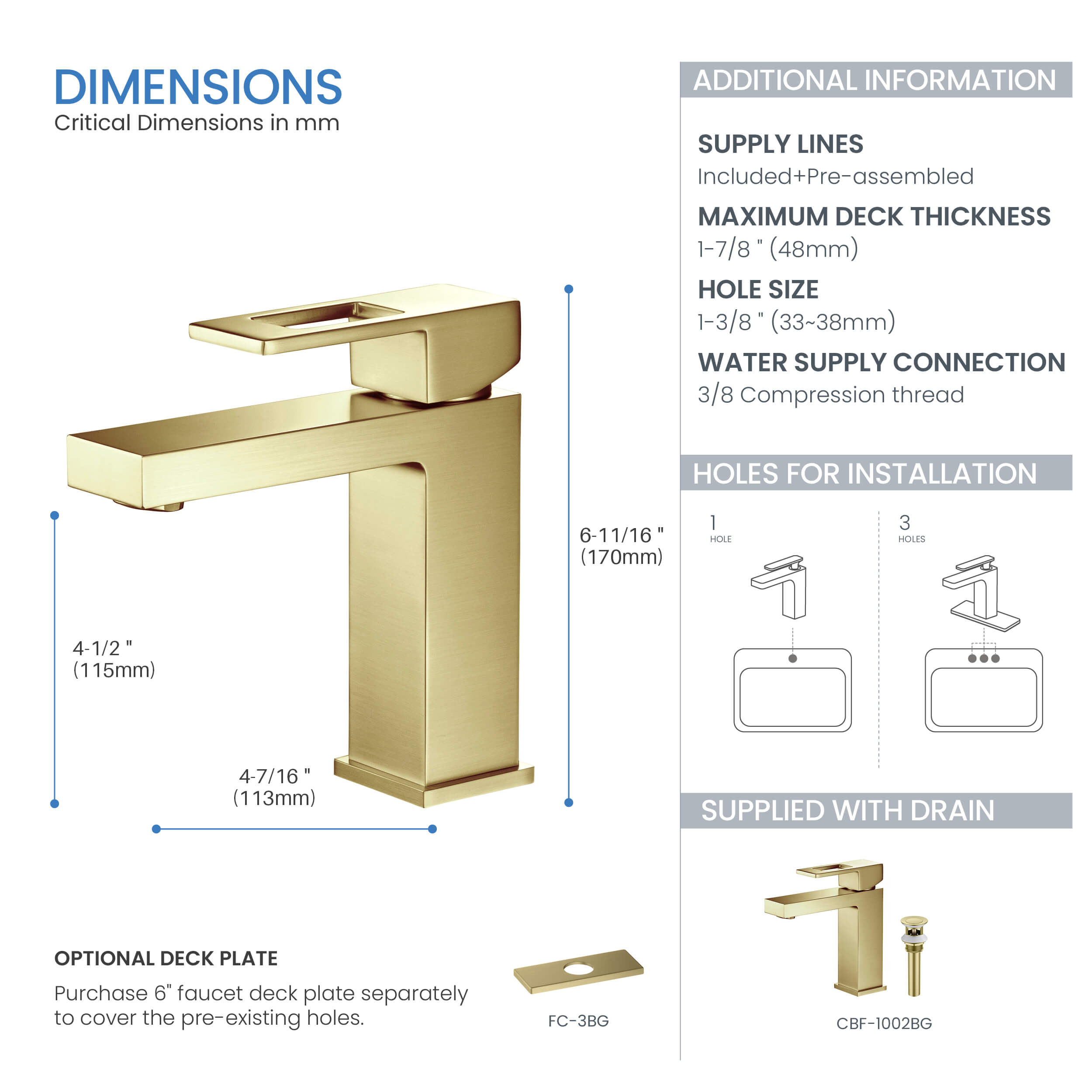 Quadra Single Handle Bathroom Vanity Sink Faucet with Pop Up Drain - CBF-1002