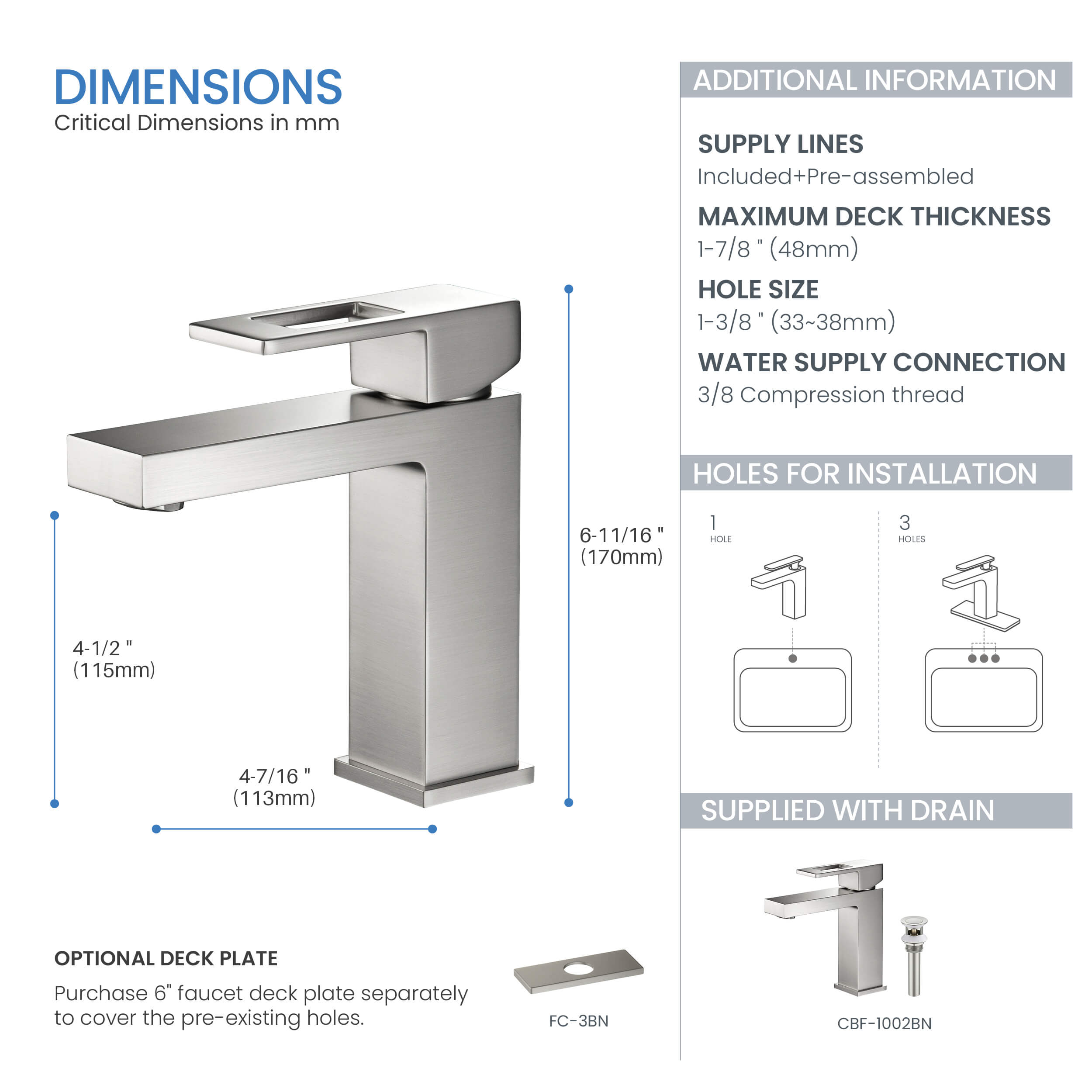 Quadra Single Handle Bathroom Vanity Sink Faucet with Pop Up Drain - CBF-1002