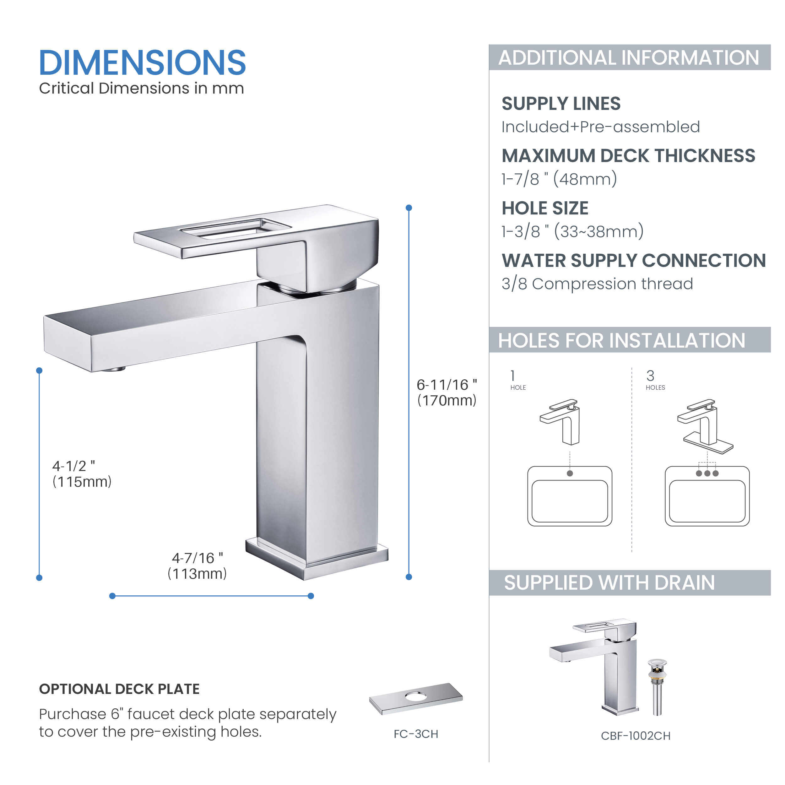 Quadra Single Handle Bathroom Vanity Sink Faucet with Pop Up Drain - CBF-1002