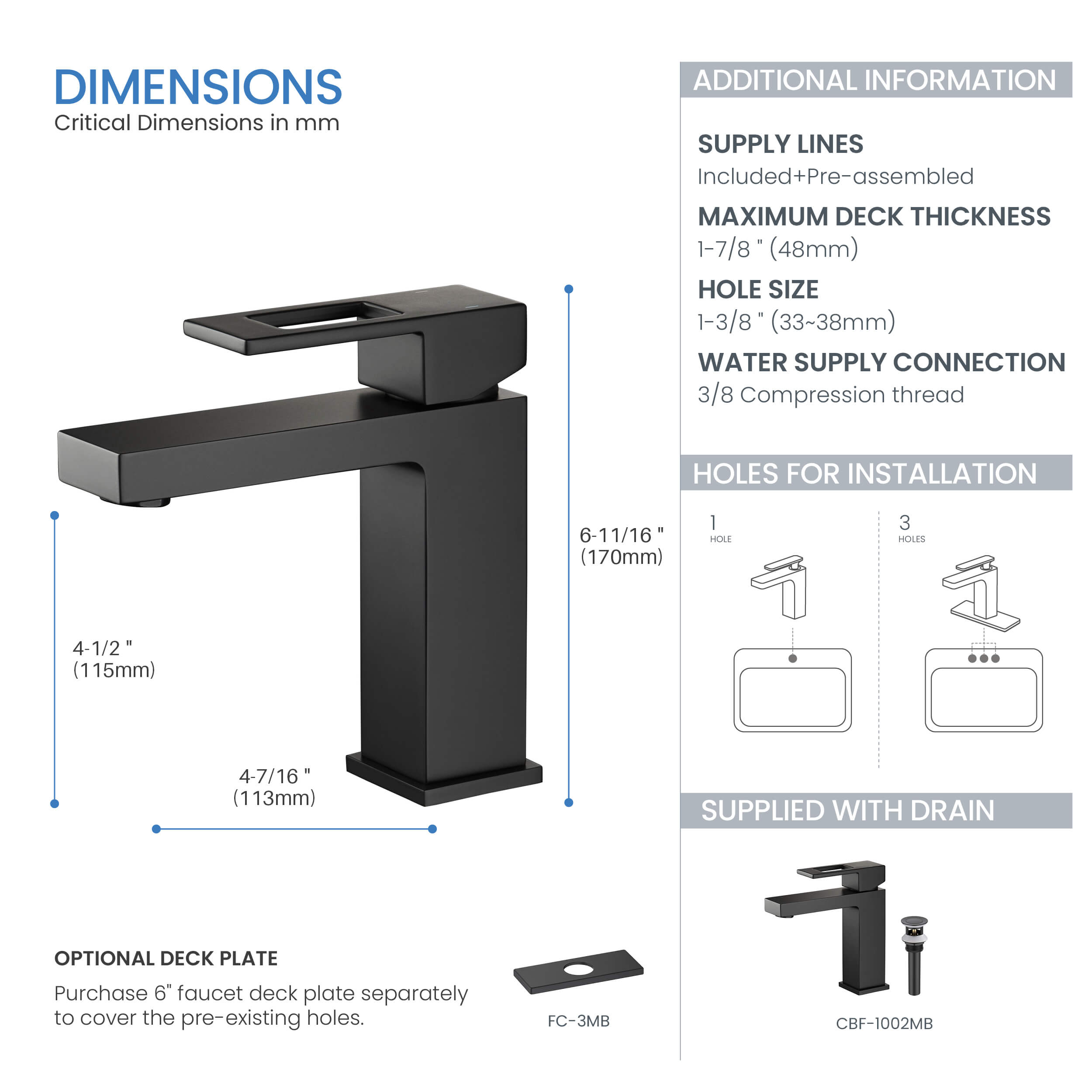 Quadra Single Handle Bathroom Vanity Sink Faucet with Pop Up Drain - CBF-1002