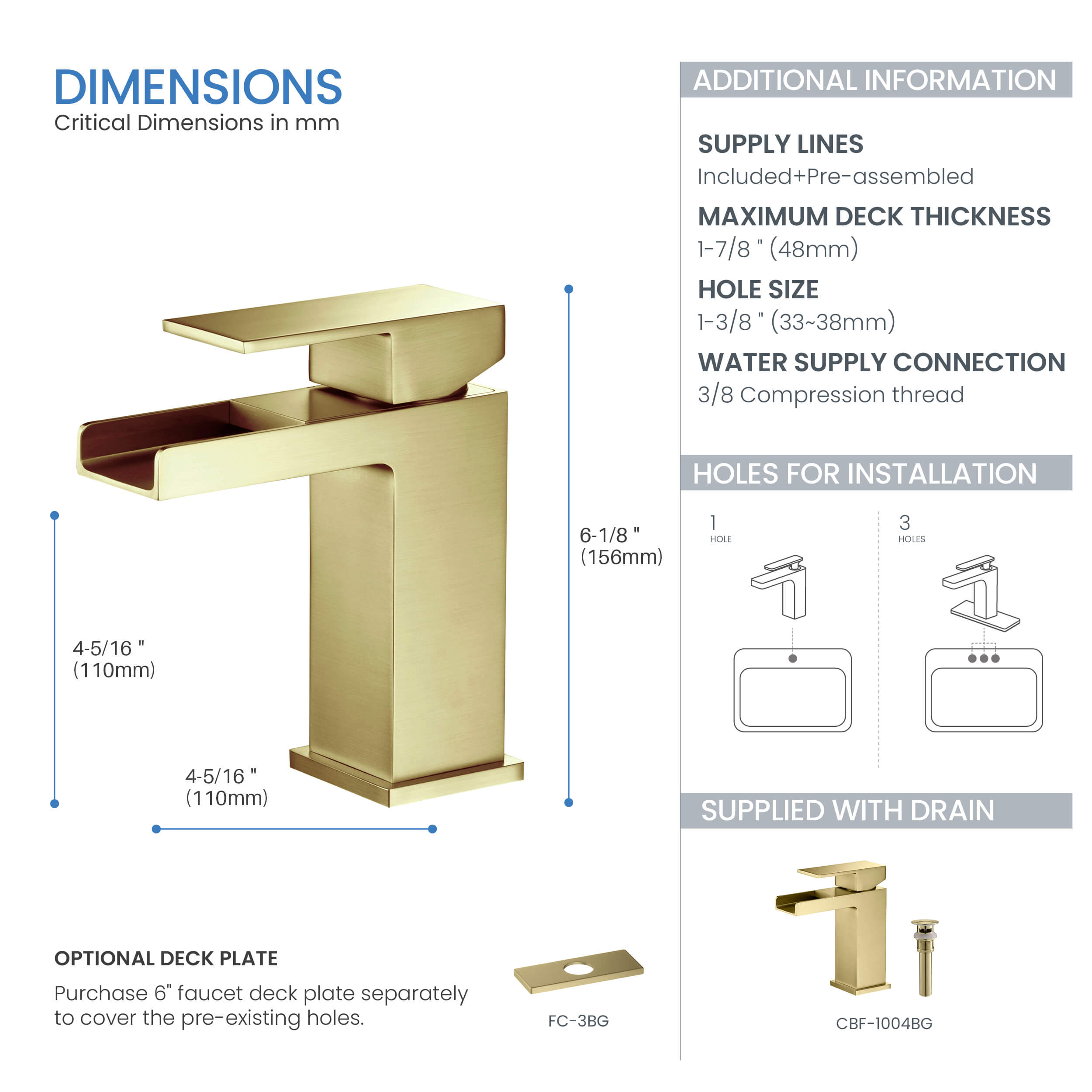 Quadra Waterfall Single Handle Bathroom Vanity Sink Faucet with Pop Up Drain - CBF-1004