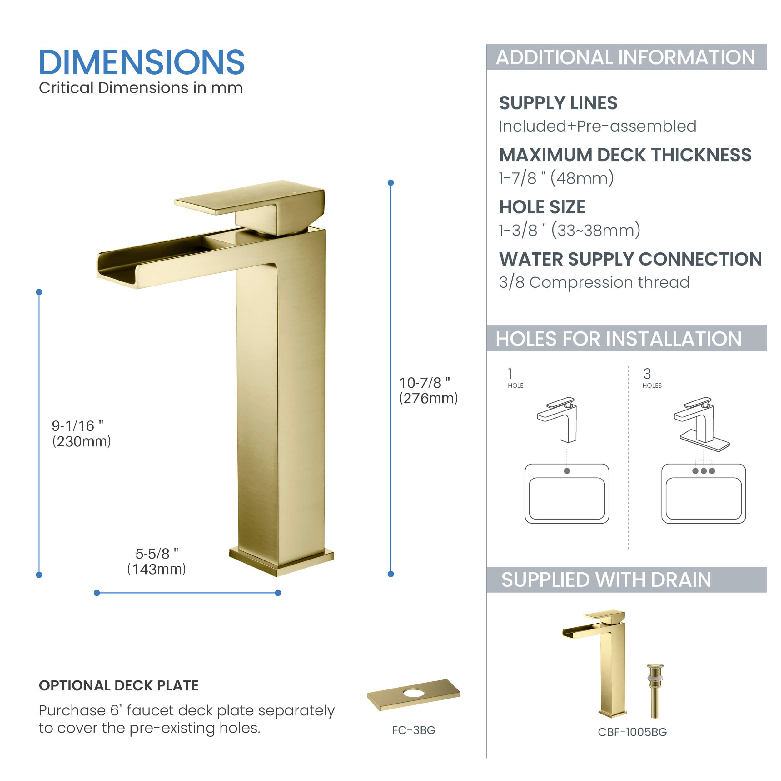 Quadra Waterfall Single Handle Bathroom Vessel Sink Faucet with Pop Up Drain - CBF-1005