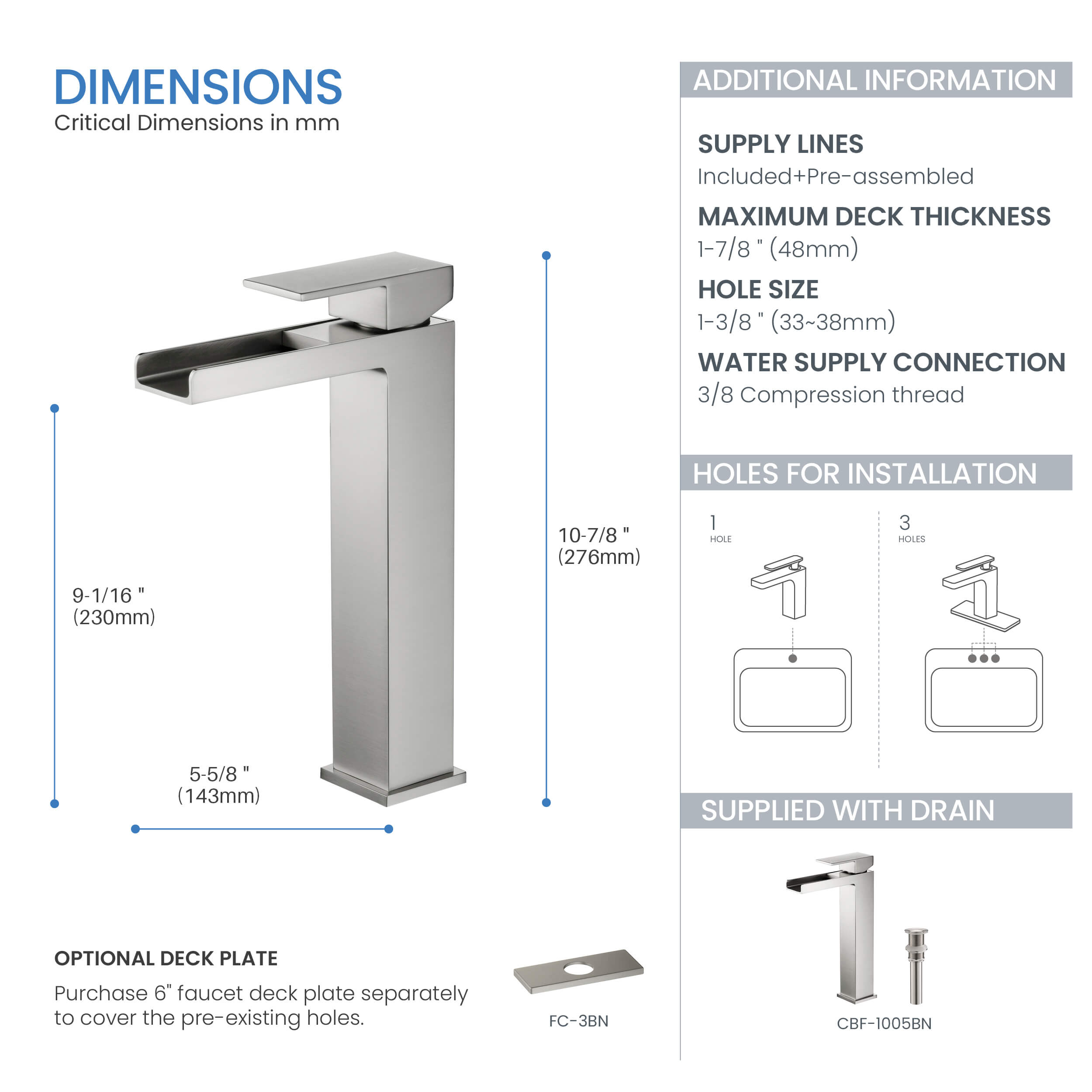 Quadra Waterfall Single Handle Bathroom Vessel Sink Faucet with Pop Up Drain - CBF-1005