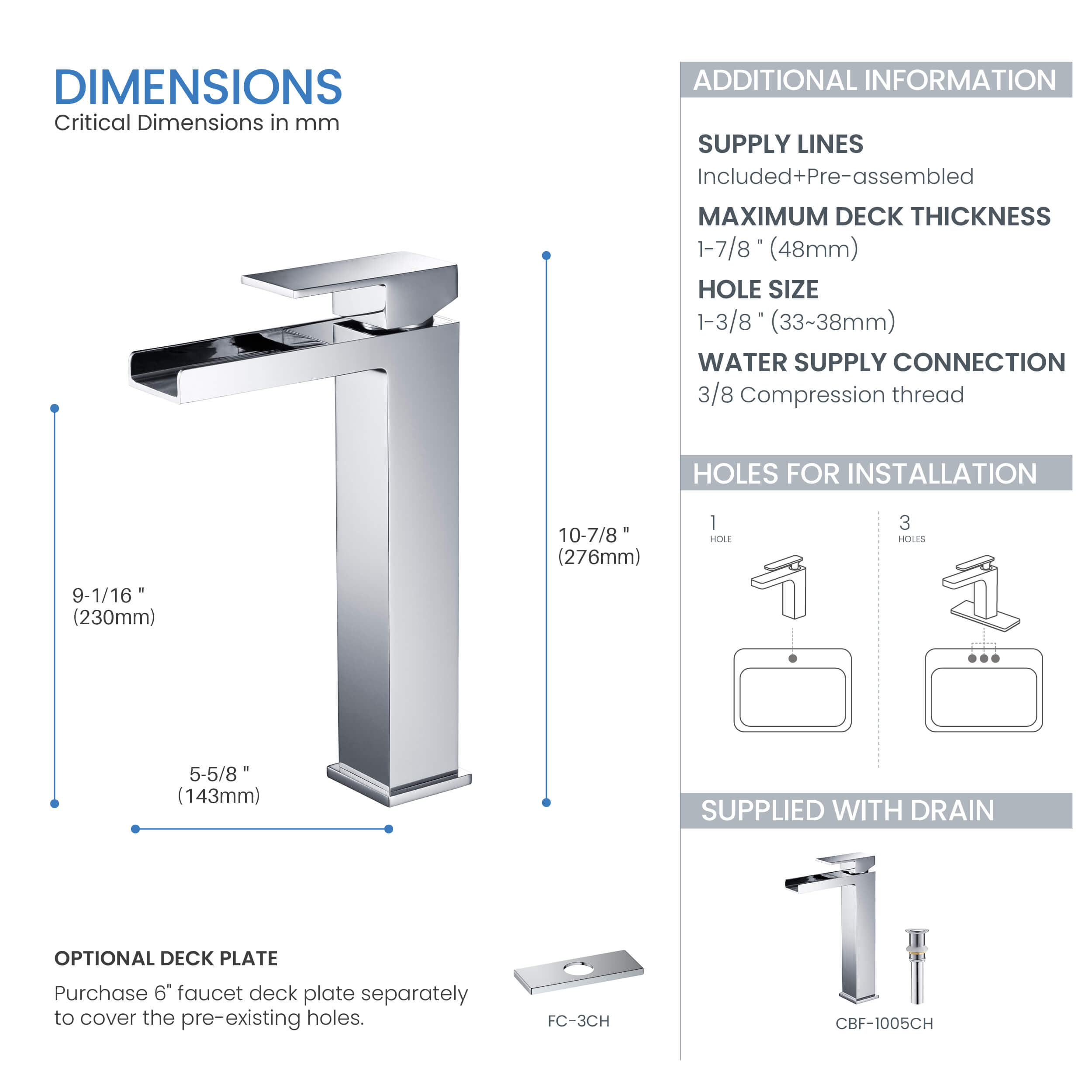 Quadra Waterfall Single Handle Bathroom Vessel Sink Faucet with Pop Up Drain - CBF-1005