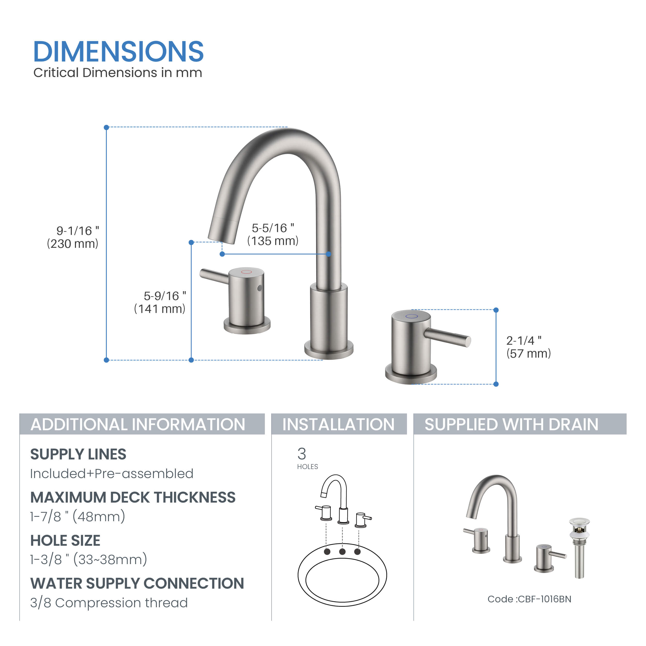 Halo 8" Widespread Bathroom Sink Faucet with Drain Assembly - CBF-1016