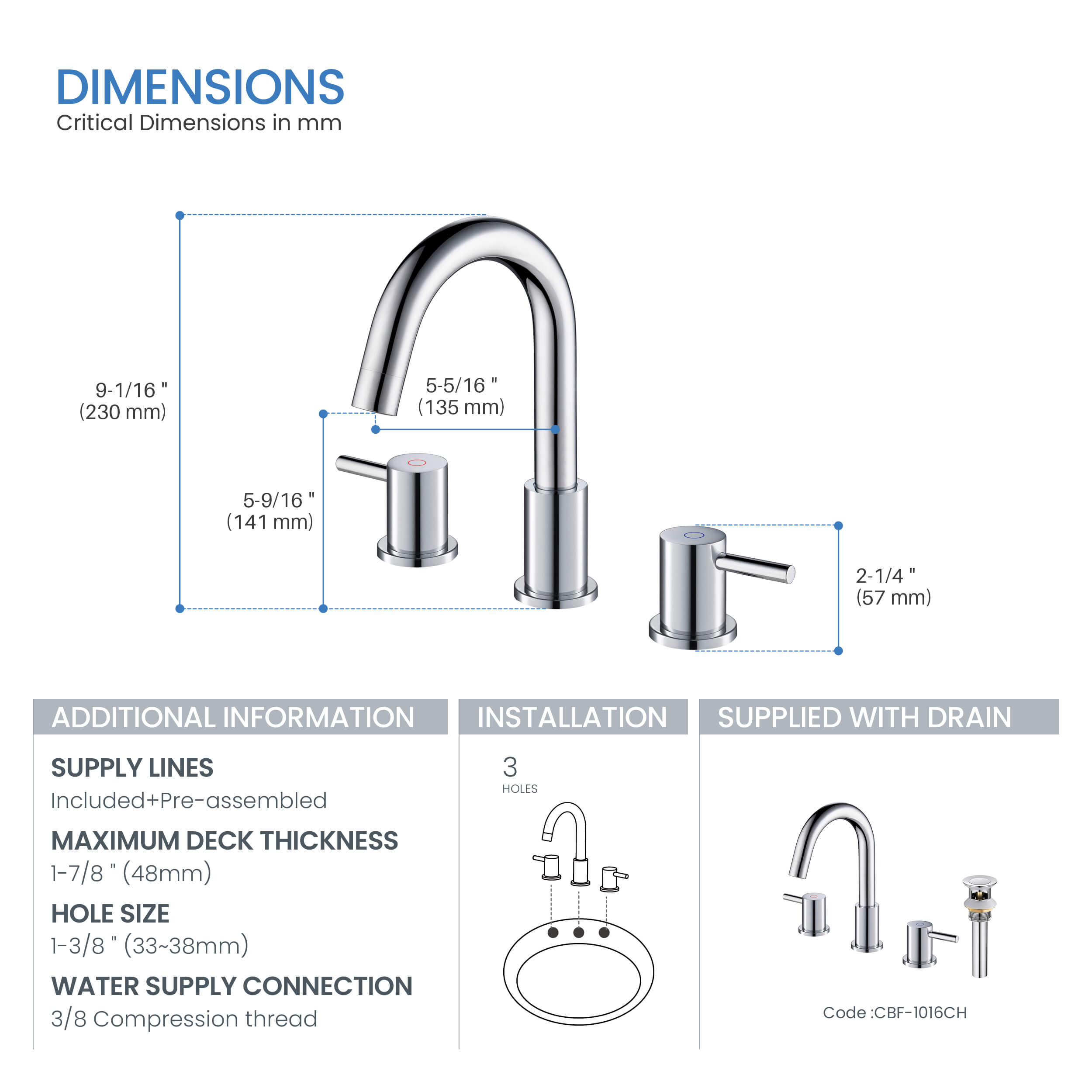 Halo 8" Widespread Bathroom Sink Faucet with Drain Assembly - CBF-1016