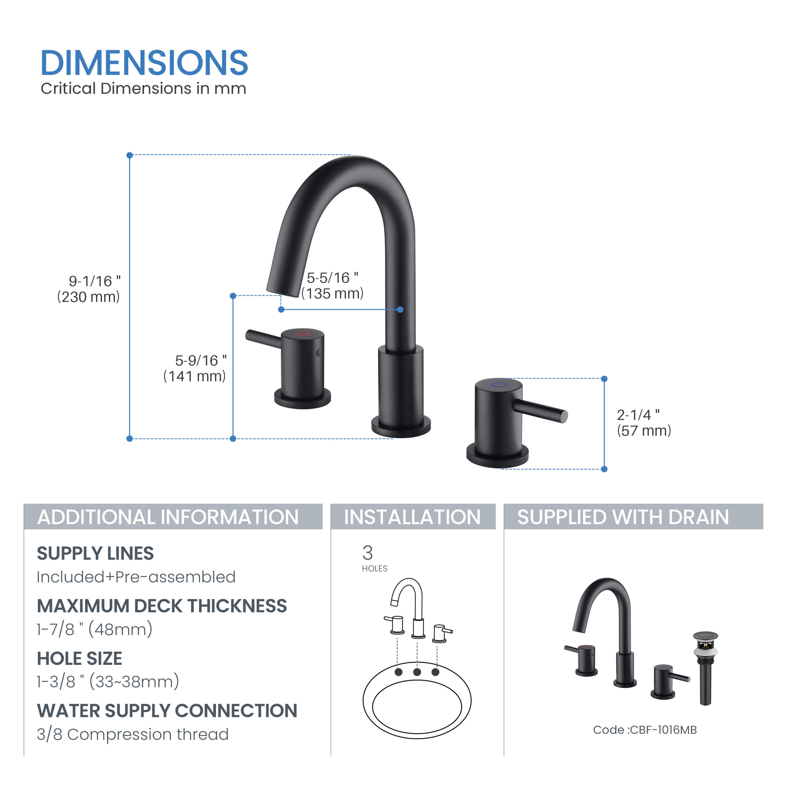 Halo 8" Widespread Bathroom Sink Faucet with Drain Assembly - CBF-1016