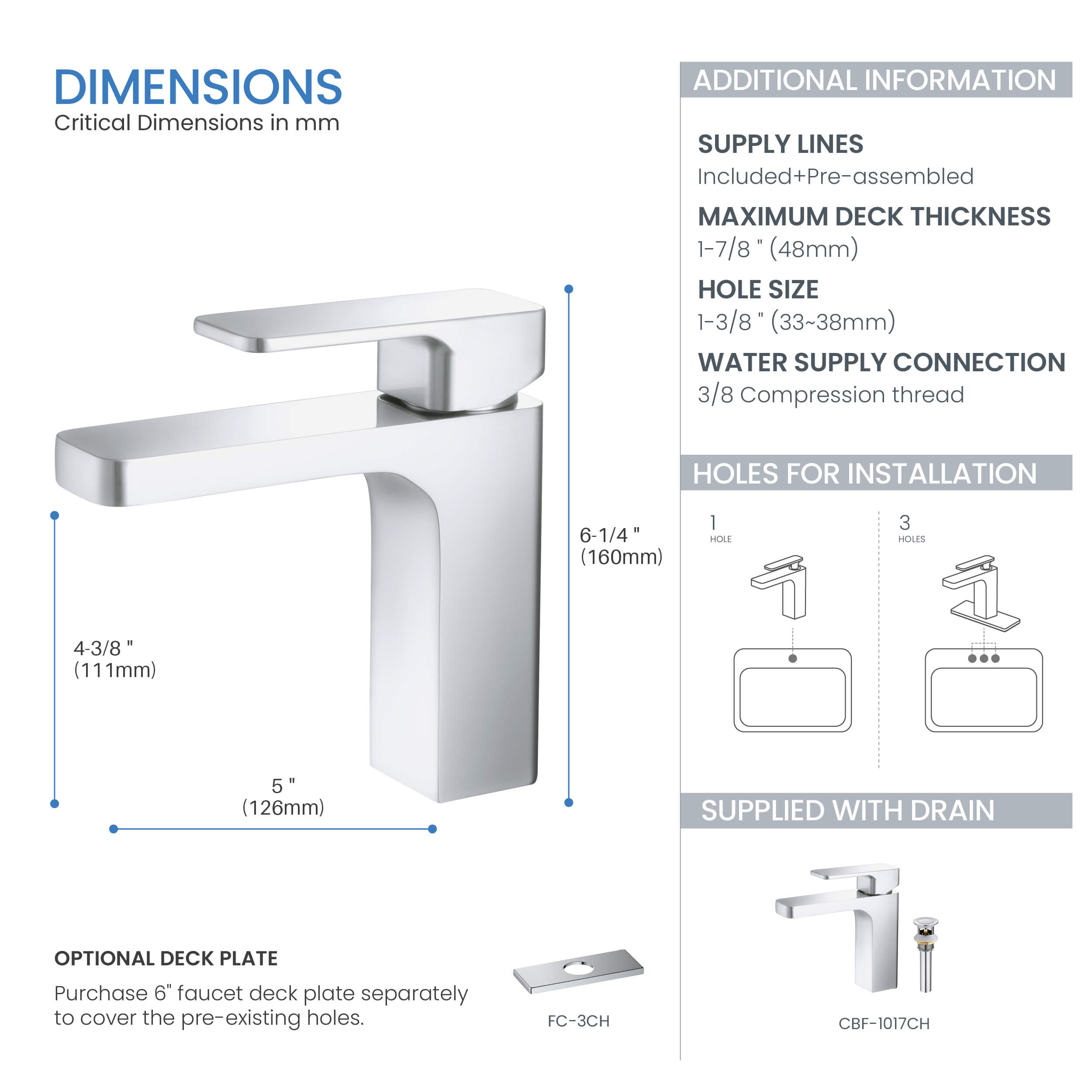 Fusion Single Handle Bathroom Vanity Sink Faucet with Pop Up Drain - CBF-1017