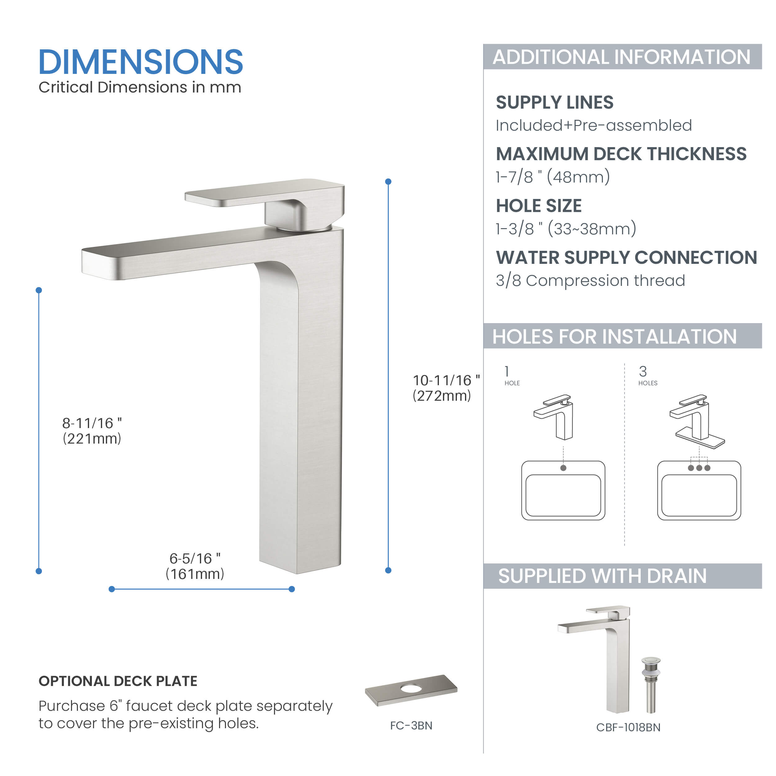 Fusion Single Handle Bathroom Vessel Sink Faucet with Pop Up Drain - CBF-1018