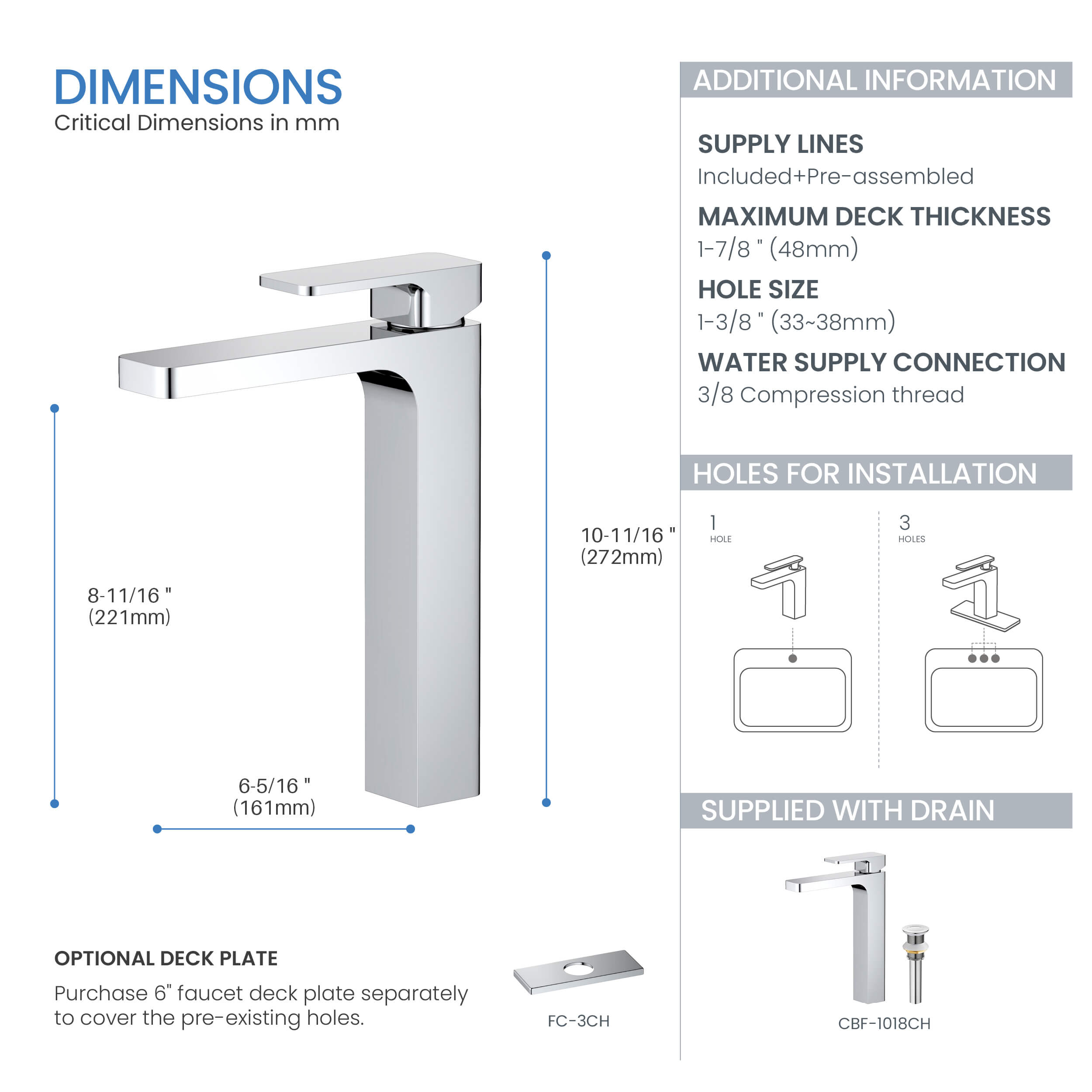 Fusion Single Handle Bathroom Vessel Sink Faucet with Pop Up Drain - CBF-1018