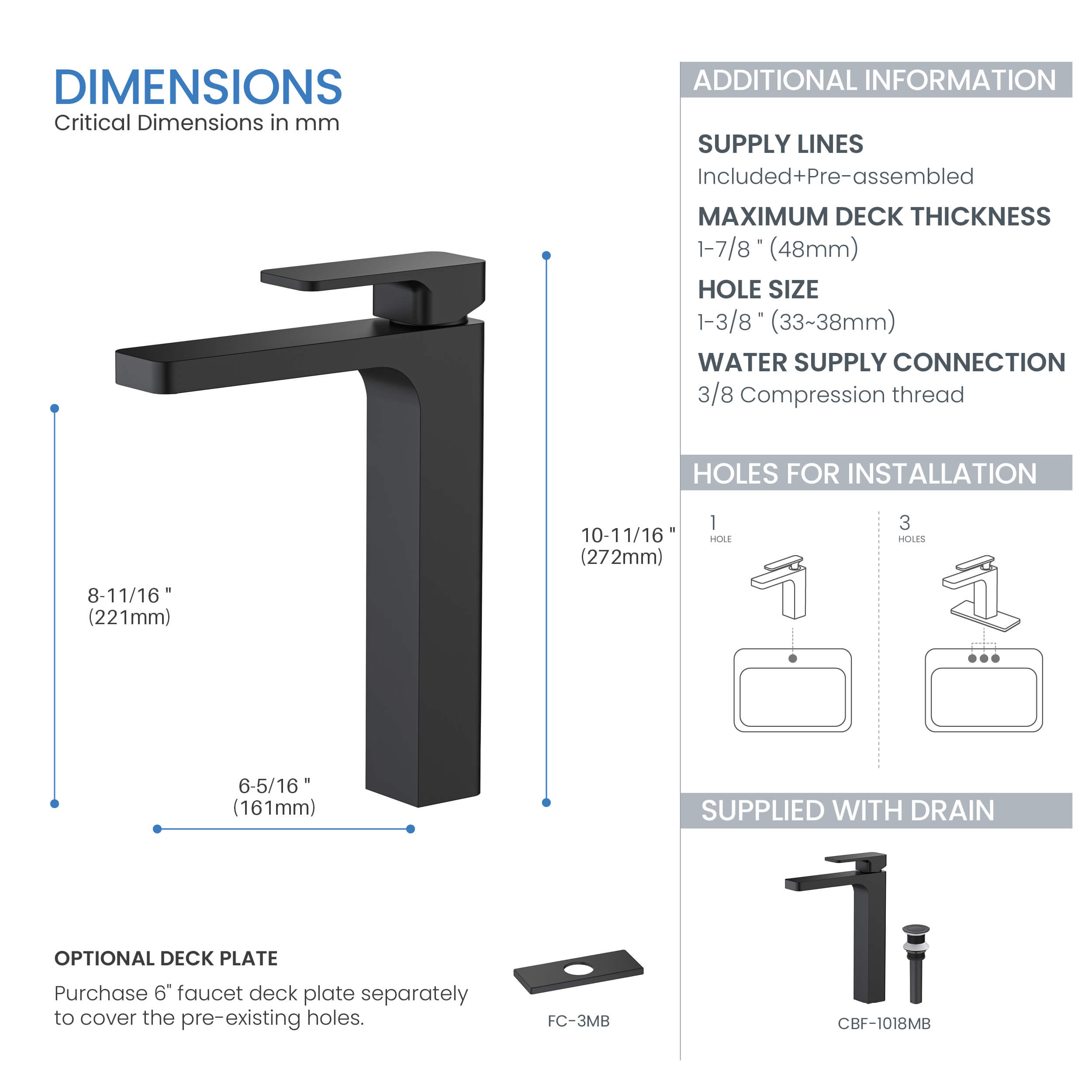 Fusion Single Handle Bathroom Vessel Sink Faucet with Pop Up Drain - CBF-1018