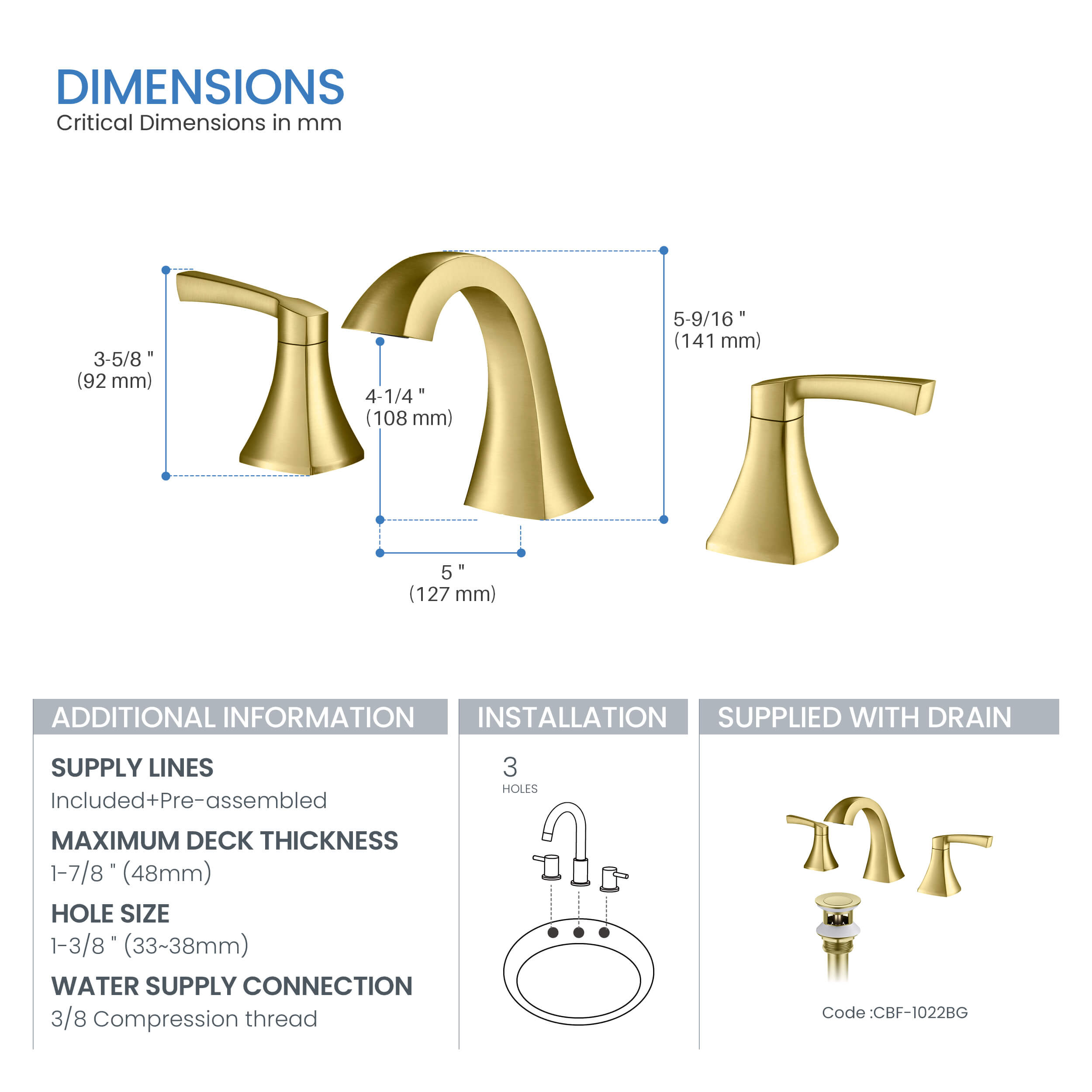 Vermont 8" Widespread Bathroom Sink Faucet with Drain Assembly - CBF-1022