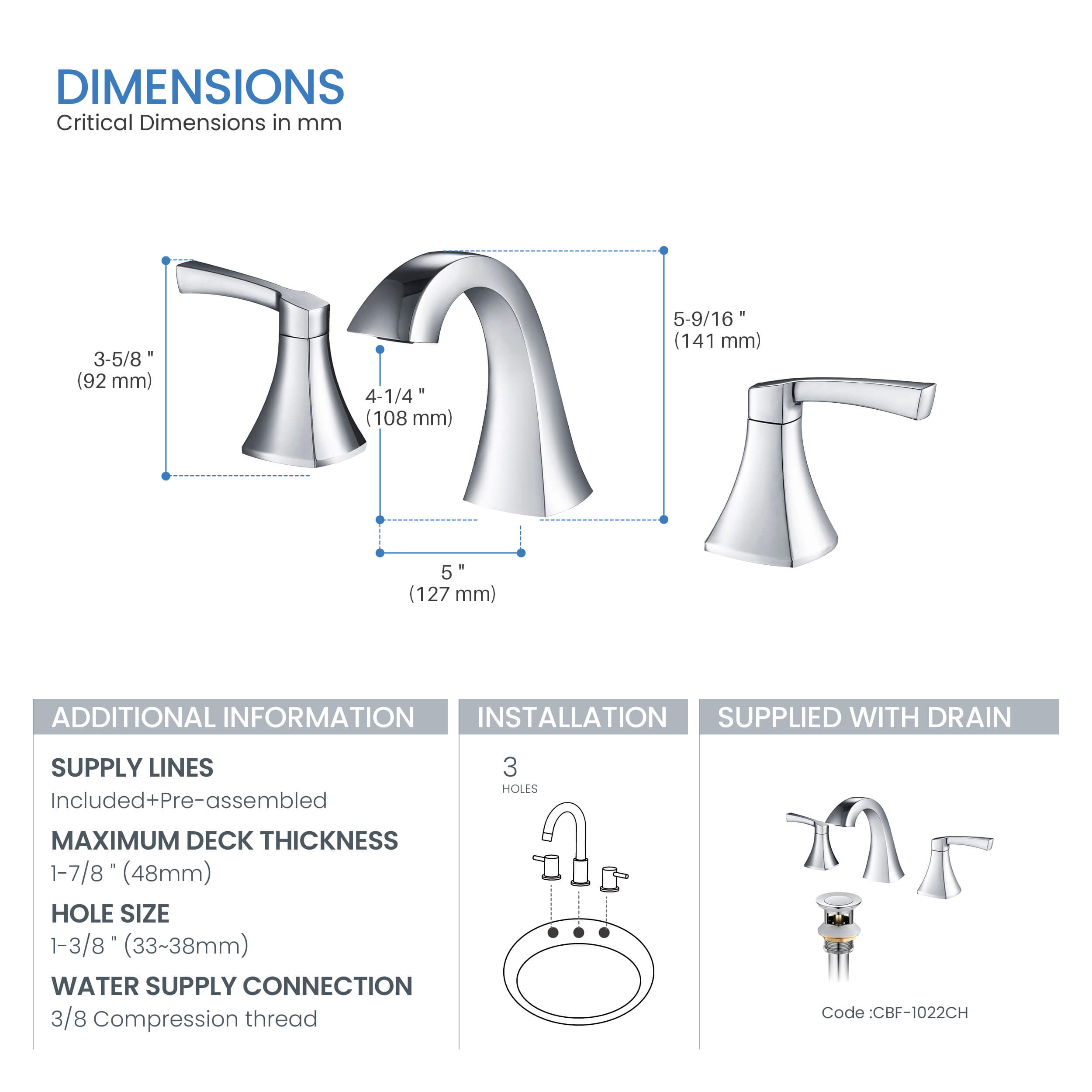 Vermont 8" Widespread Bathroom Sink Faucet with Drain Assembly - CBF-1022