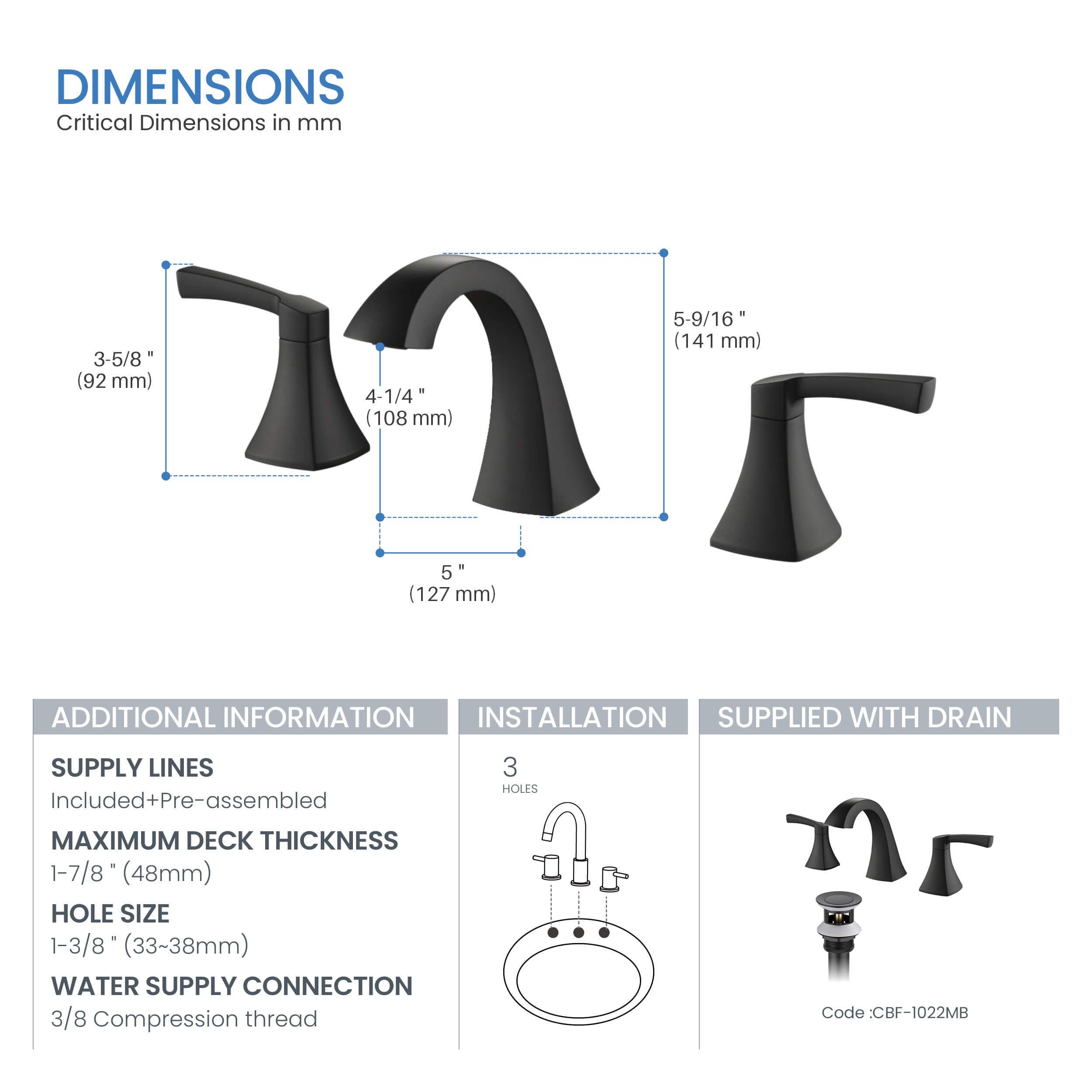 Vermont 8" Widespread Bathroom Sink Faucet with Drain Assembly - CBF-1022