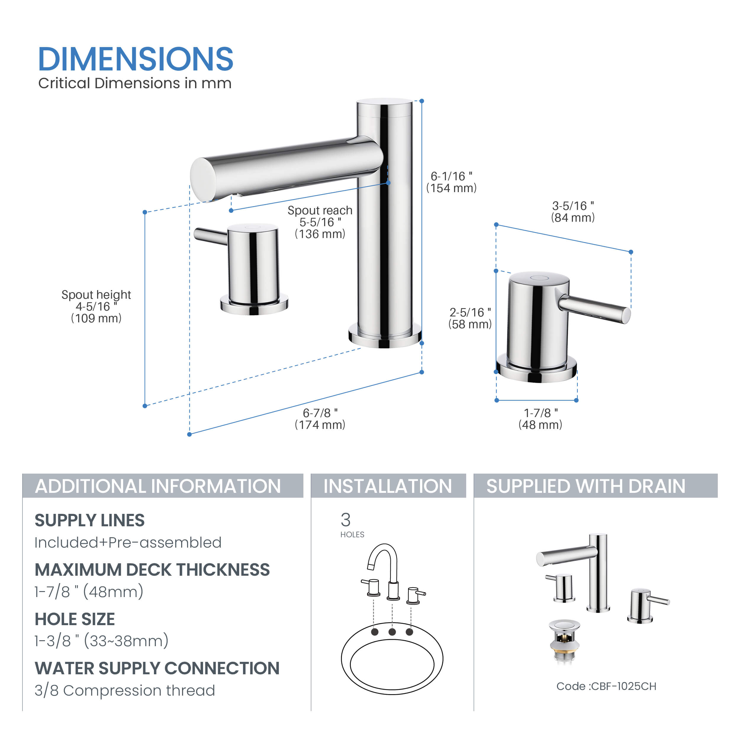 Halo 8" Widespread Bathroom Sink Faucet with Drain Assembly - CBF-1025