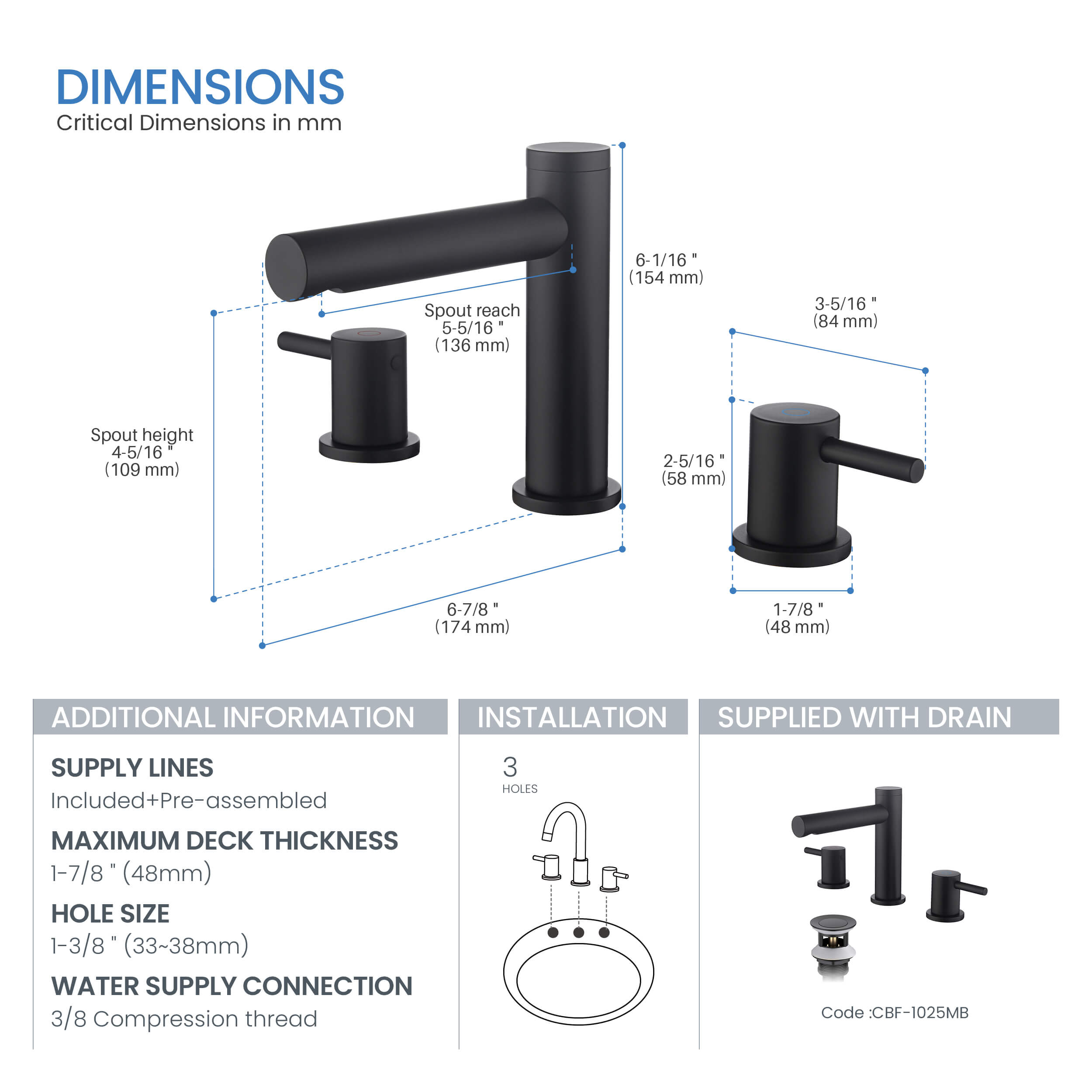 Halo 8" Widespread Bathroom Sink Faucet with Drain Assembly - CBF-1025