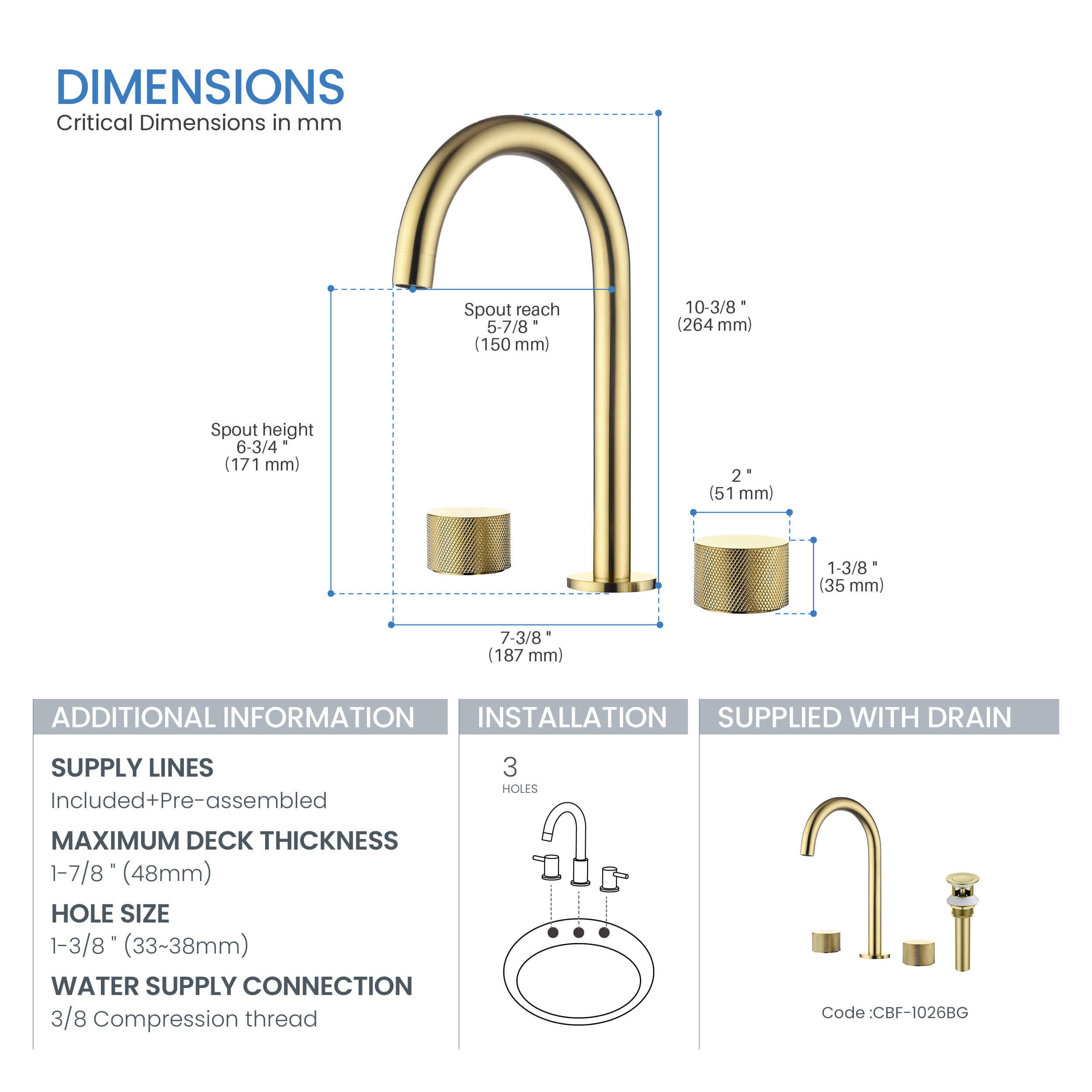 Verona 8" Widespread Bathroom Sink Faucet with Drain Assembly - CBF-1026