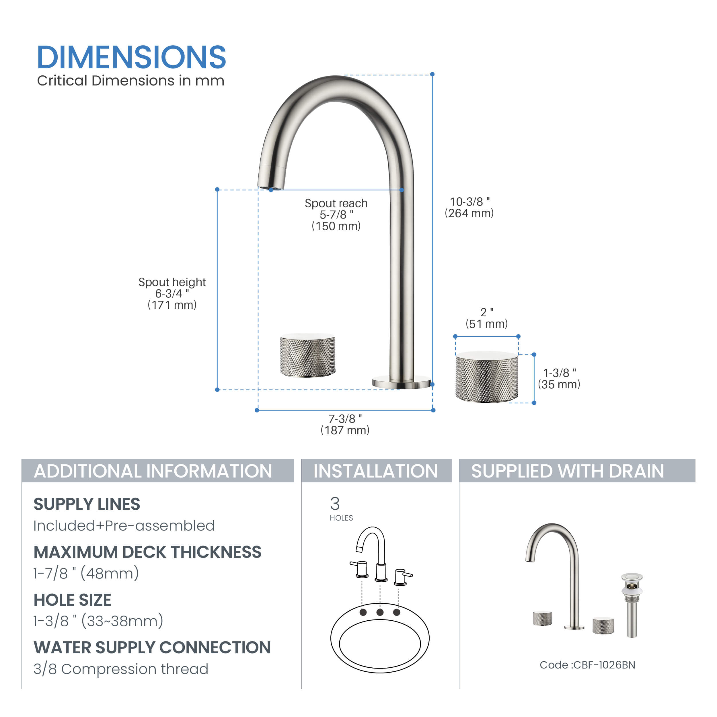 Verona 8" Widespread Bathroom Sink Faucet with Drain Assembly - CBF-1026