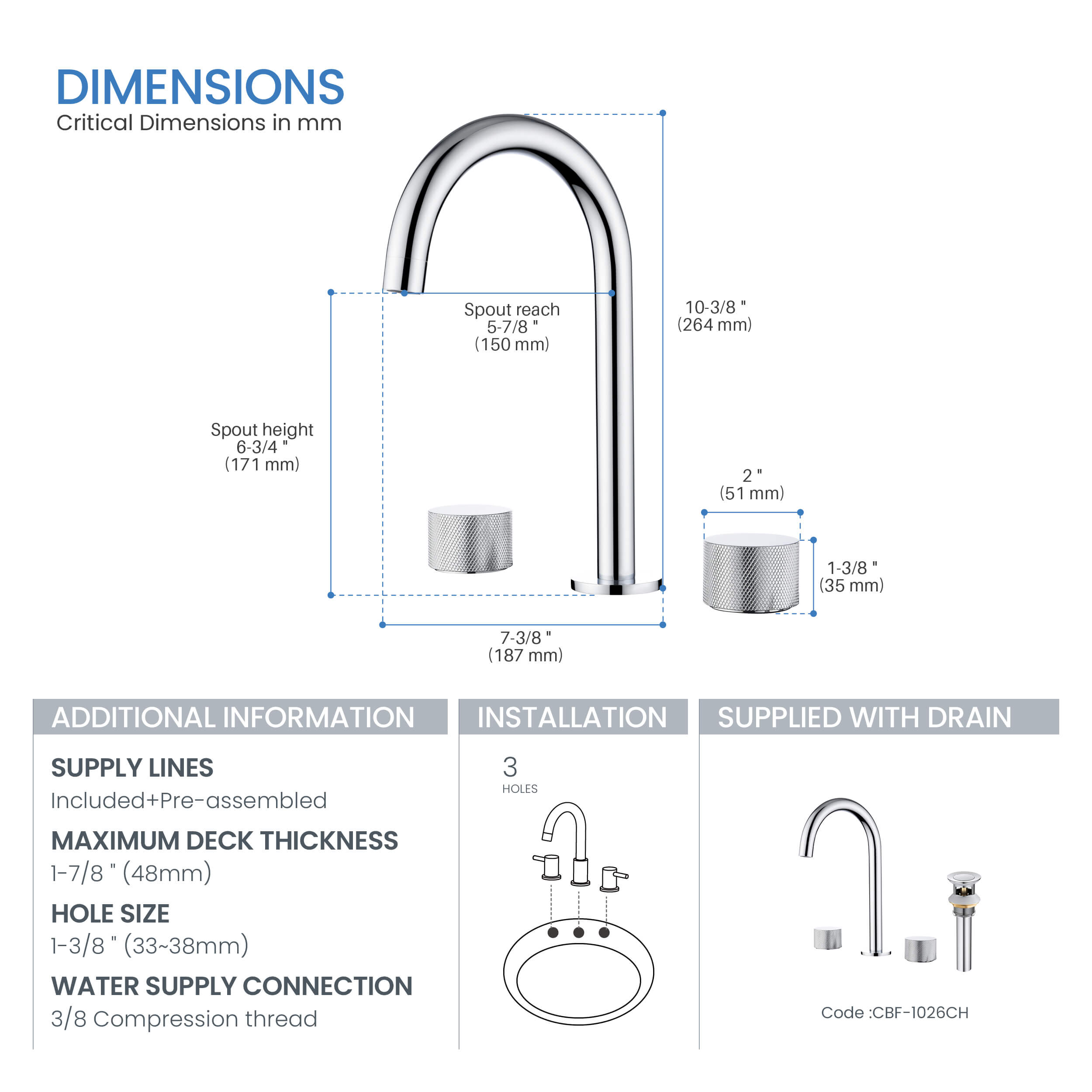 Verona 8" Widespread Bathroom Sink Faucet with Drain Assembly - CBF-1026